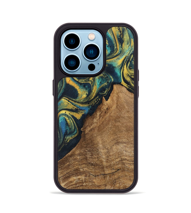 iPhone 14 Pro Wood Phone Case - Madge (Teal & Gold, 746385)