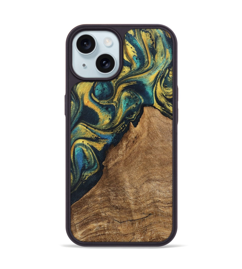 iPhone 15 Wood Phone Case - Madge (Teal & Gold, 746385)