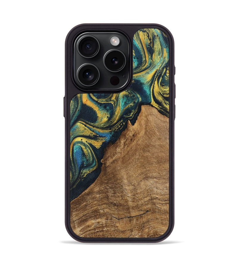 iPhone 15 Pro Wood Phone Case - Madge (Teal & Gold, 746385)