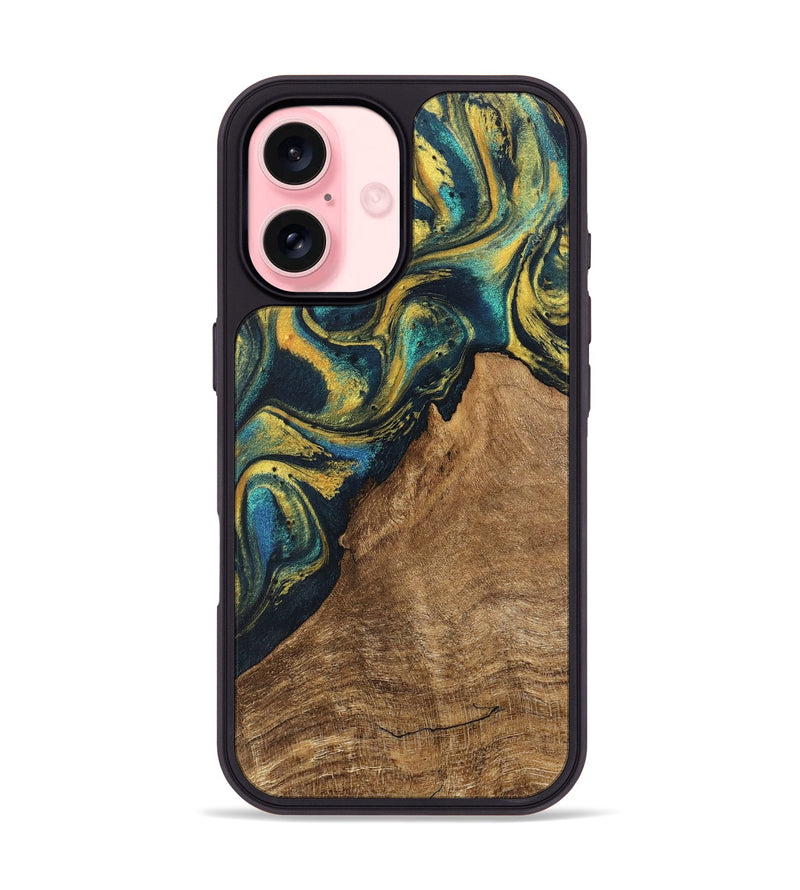 iPhone 16 Wood Phone Case - Madge (Teal & Gold, 746385)