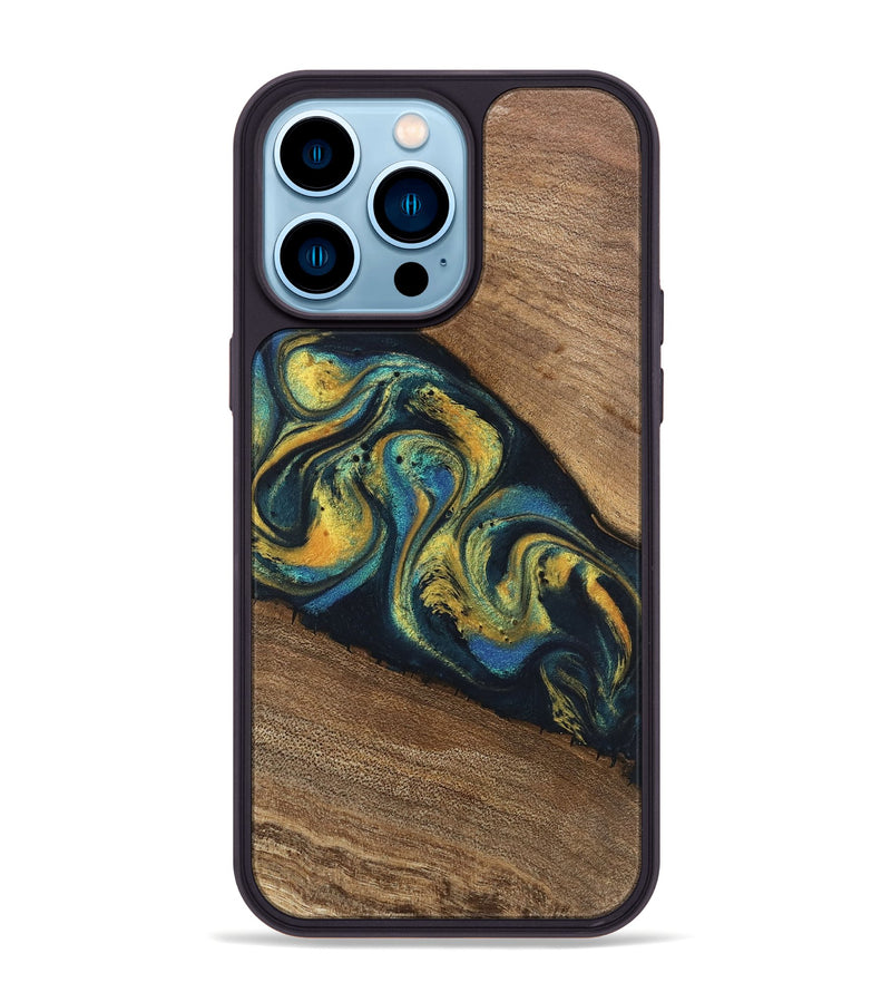 iPhone 14 Pro Max Wood Phone Case - Nikia (Teal & Gold, 746388)