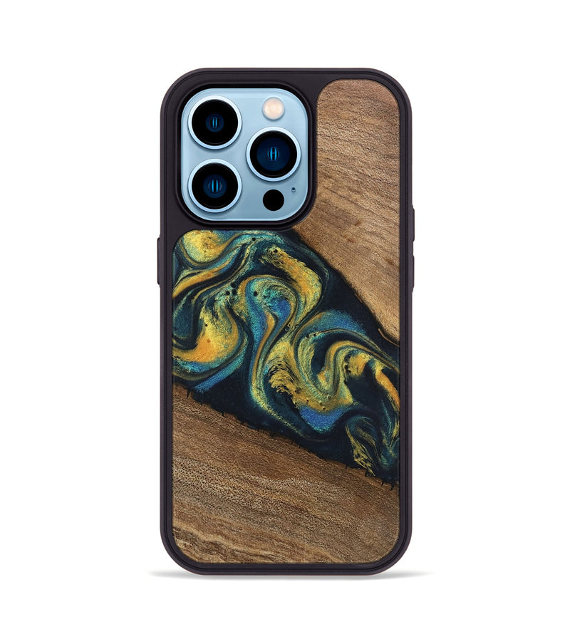 iPhone 14 Pro Wood Phone Case - Nikia (Teal & Gold, 746388)