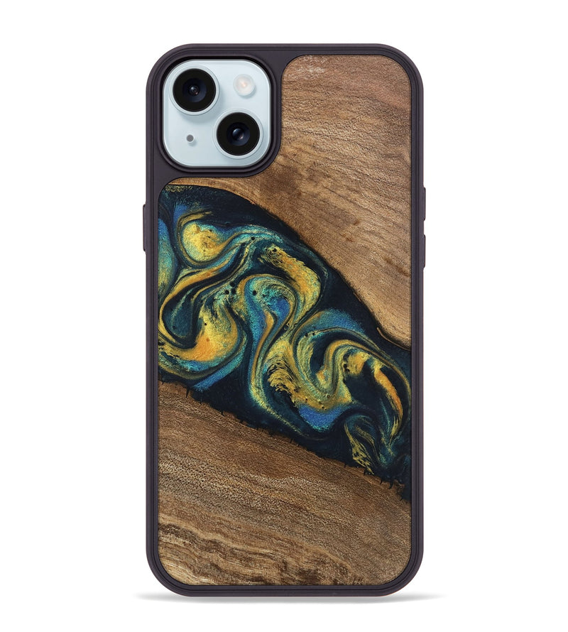 iPhone 15 Plus Wood Phone Case - Nikia (Teal & Gold, 746388)