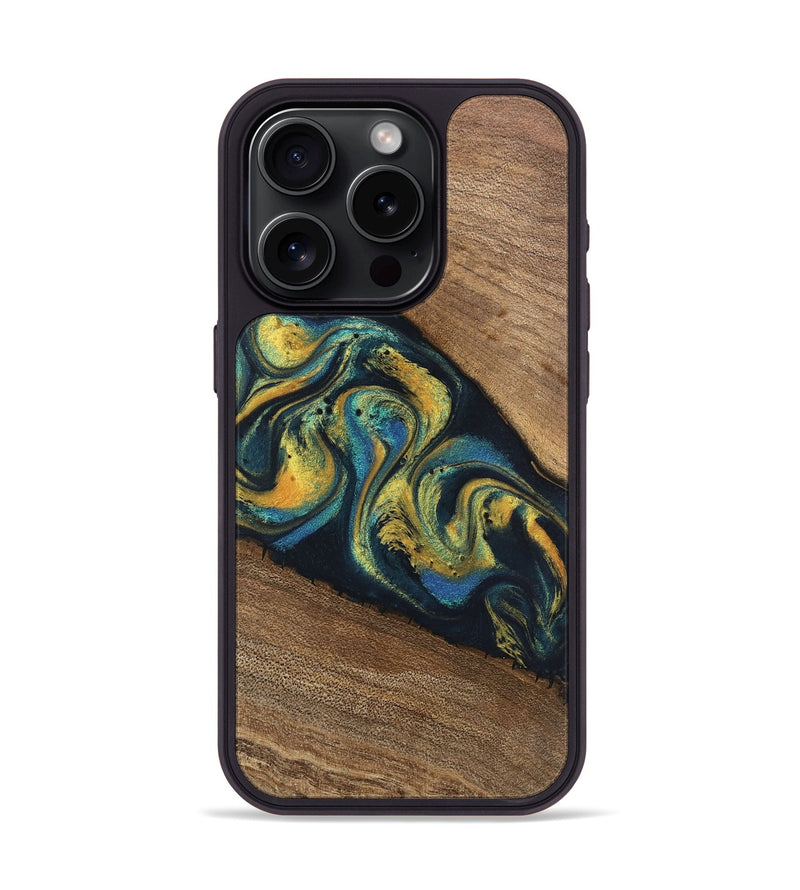 iPhone 15 Pro Wood Phone Case - Nikia (Teal & Gold, 746388)