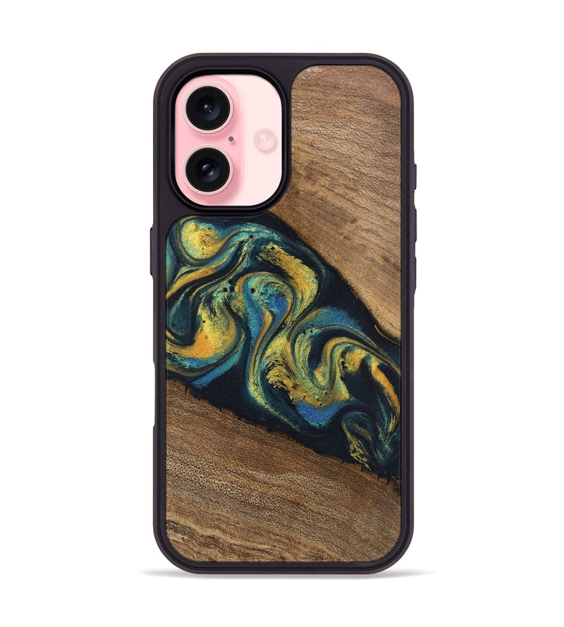 iPhone 16 Wood Phone Case - Nikia (Teal & Gold, 746388)