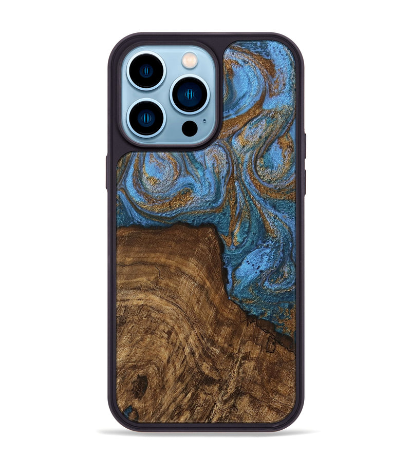 iPhone 14 Pro Max Wood Phone Case - Willis (Teal & Gold, 746449)