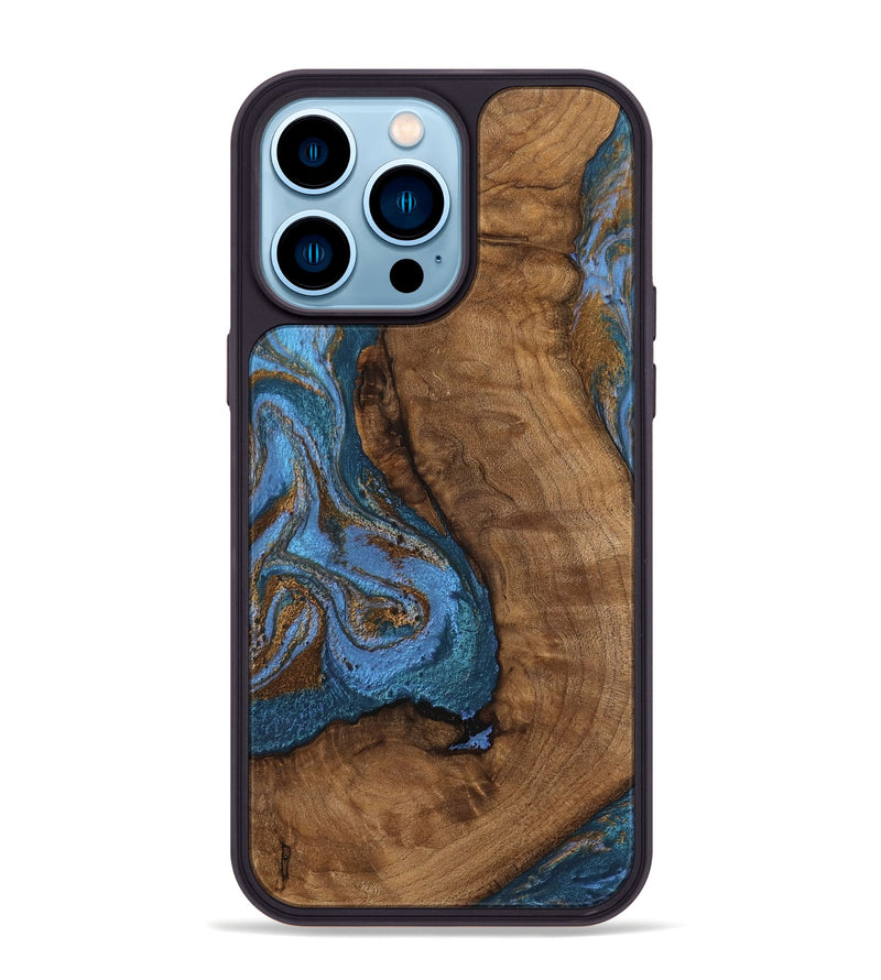 iPhone 14 Pro Max Wood Phone Case - Damian (Teal & Gold, 746455)