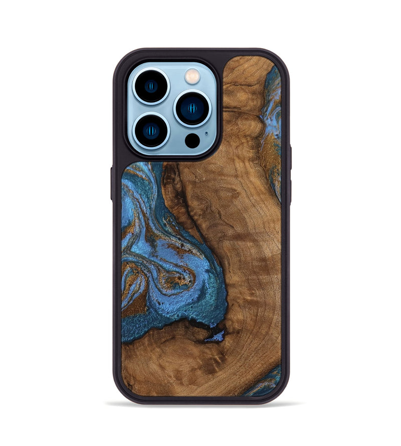 iPhone 14 Pro Wood Phone Case - Damian (Teal & Gold, 746455)