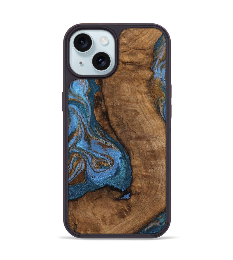 iPhone 15 Wood Phone Case - Damian (Teal & Gold, 746455)