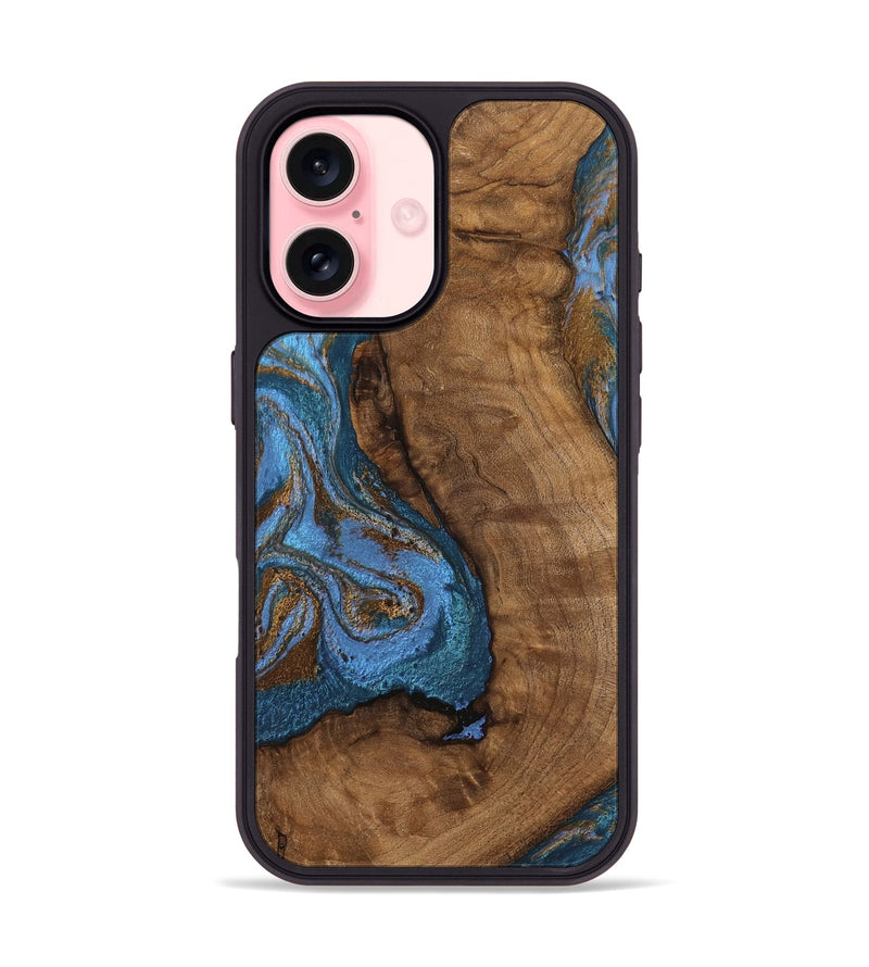 iPhone 16 Wood Phone Case - Damian (Teal & Gold, 746455)