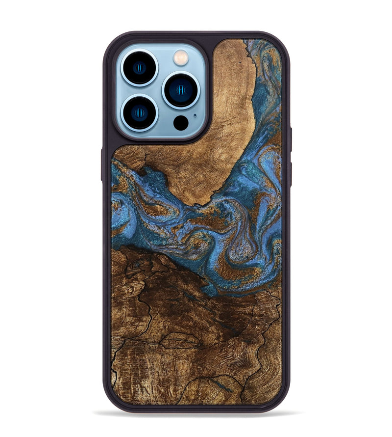 iPhone 14 Pro Max Wood Phone Case - Titan (Teal & Gold, 746463)