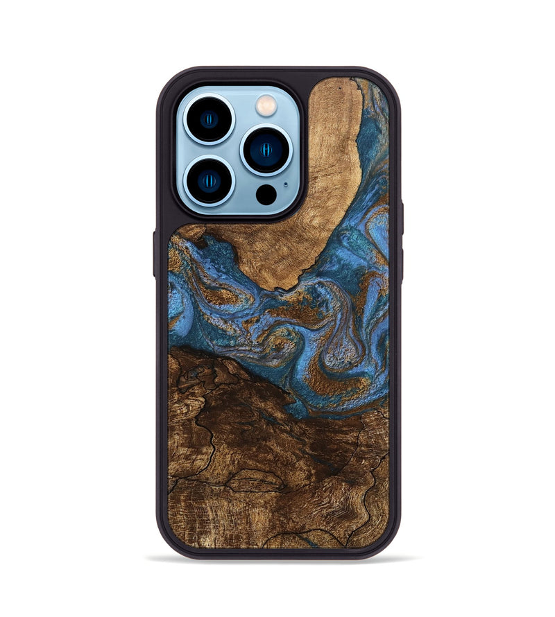 iPhone 14 Pro Wood Phone Case - Titan (Teal & Gold, 746463)