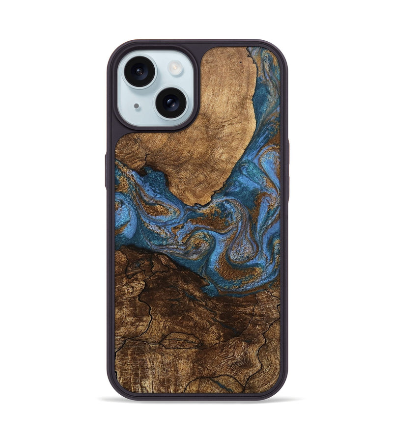 iPhone 15 Wood Phone Case - Titan (Teal & Gold, 746463)