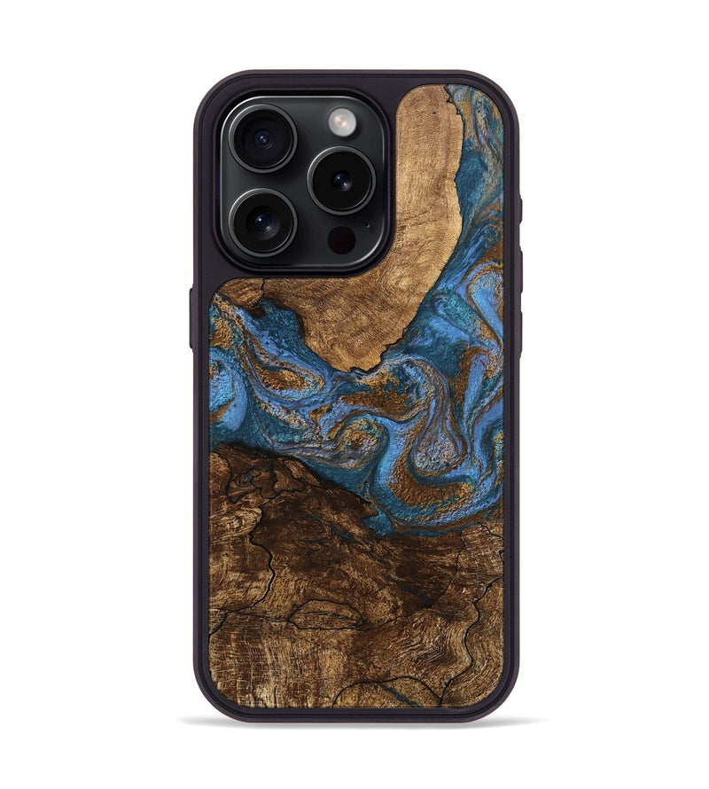 iPhone 15 Pro Wood Phone Case - Titan (Teal & Gold, 746463)