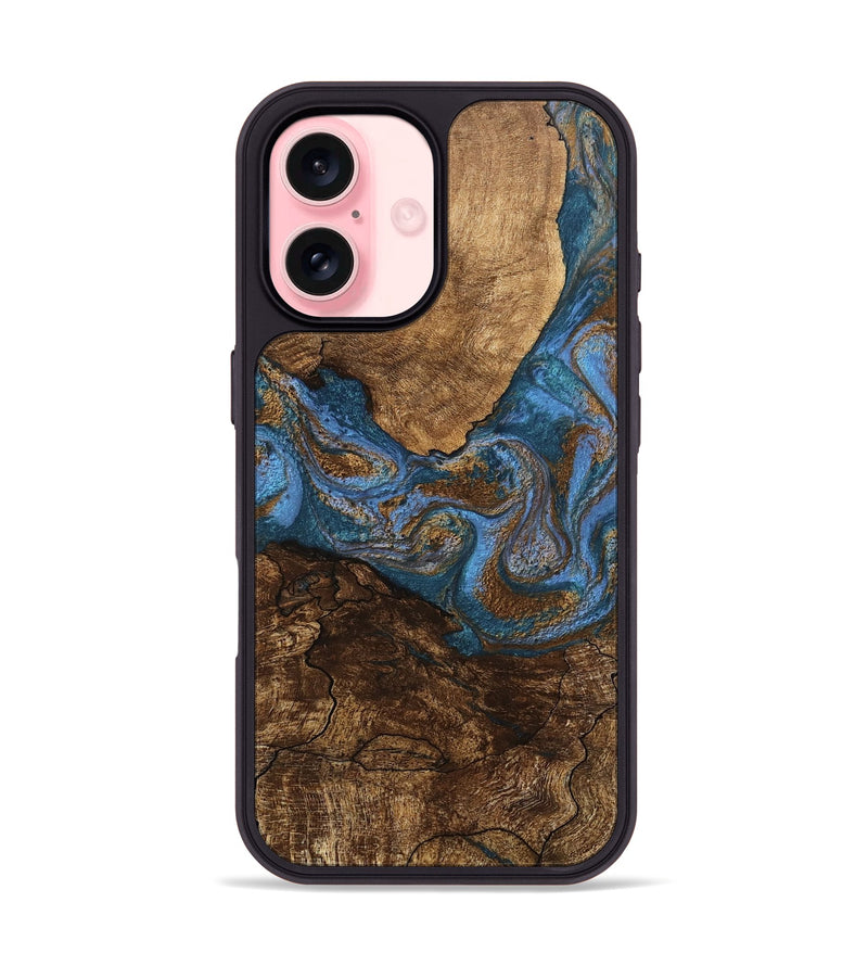 iPhone 16 Wood Phone Case - Titan (Teal & Gold, 746463)