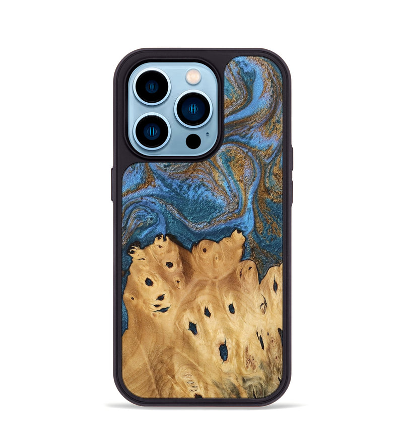 iPhone 14 Pro Wood Phone Case - Debora (Teal & Gold, 746464)