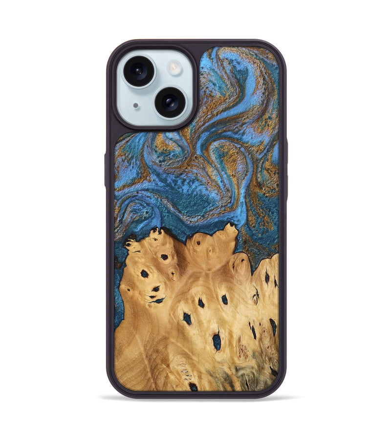 iPhone 15 Wood Phone Case - Debora (Teal & Gold, 746464)