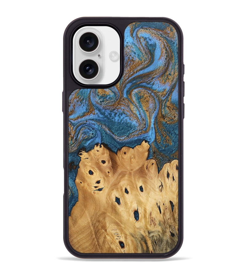 iPhone 16 Plus Wood Phone Case - Debora (Teal & Gold, 746464)