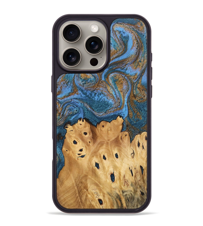 iPhone 16 Pro Max Wood Phone Case - Debora (Teal & Gold, 746464)