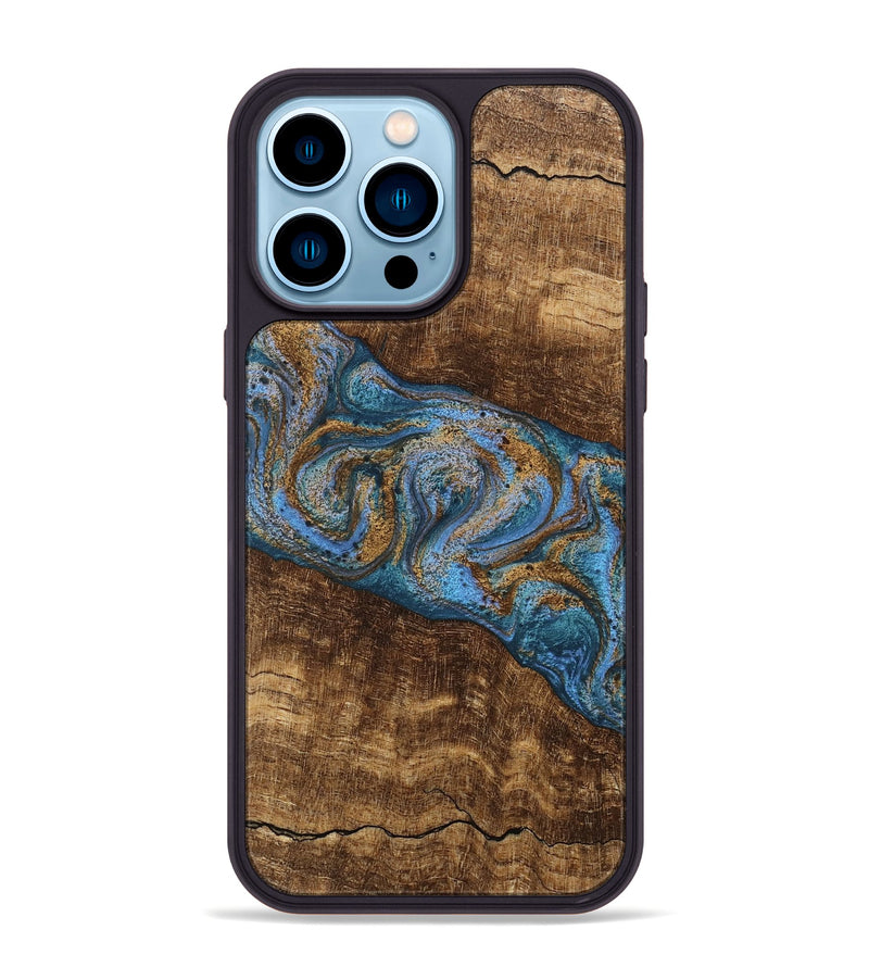 iPhone 14 Pro Max Wood Phone Case - Enos (Teal & Gold, 746468)