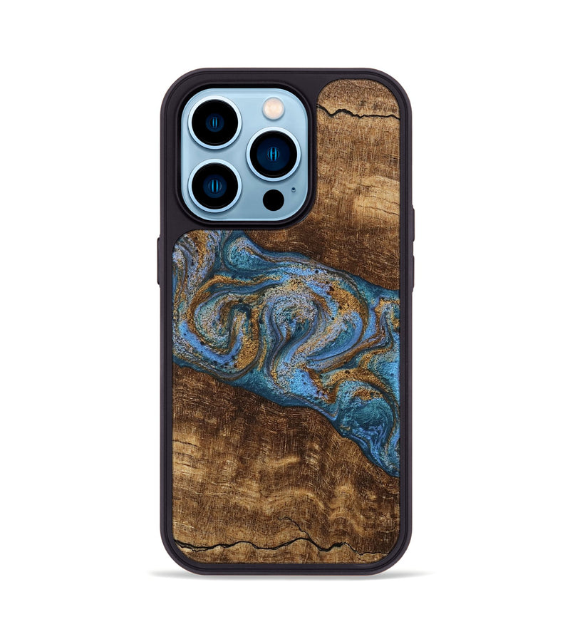 iPhone 14 Pro Wood Phone Case - Enos (Teal & Gold, 746468)