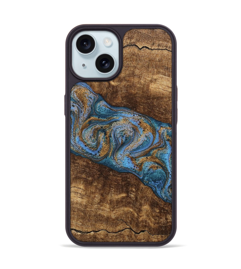 iPhone 15 Wood Phone Case - Enos (Teal & Gold, 746468)