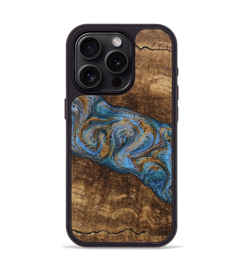 iPhone 15 Pro Wood Phone Case - Enos (Teal & Gold, 746468)