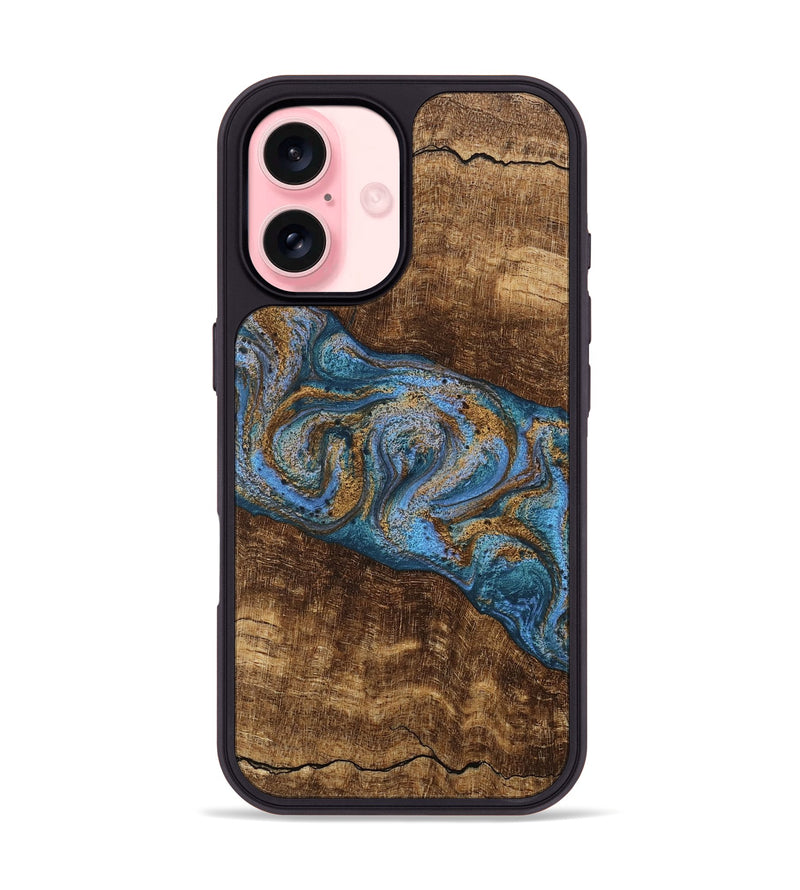 iPhone 16 Wood Phone Case - Enos (Teal & Gold, 746468)