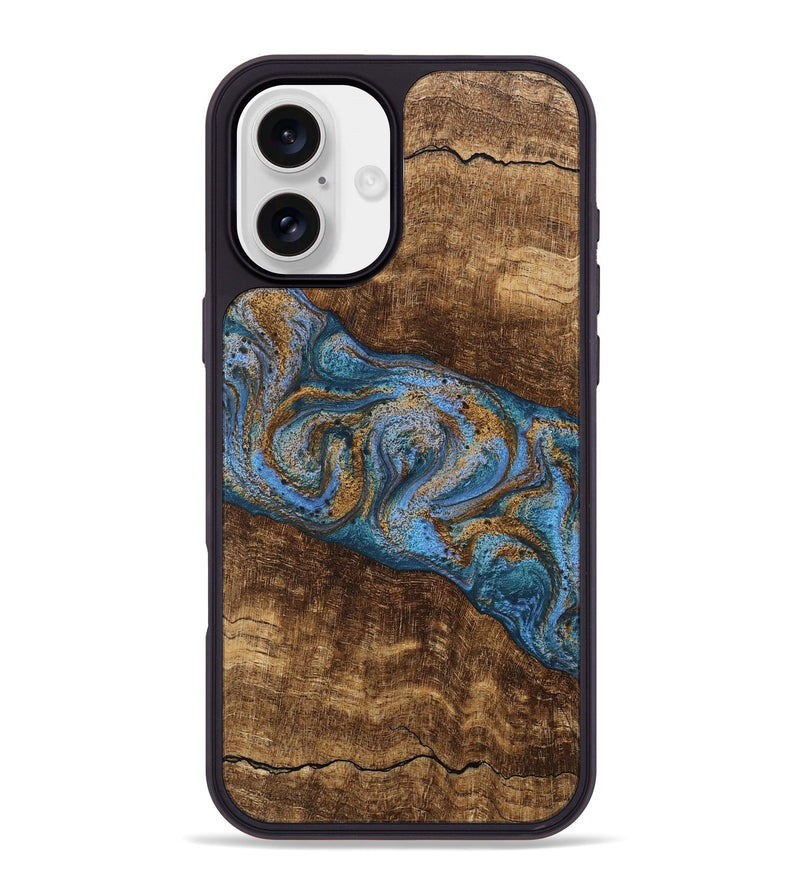 iPhone 16 Plus Wood Phone Case - Enos (Teal & Gold, 746468)