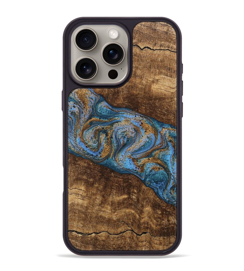 iPhone 16 Pro Max Wood Phone Case - Enos (Teal & Gold, 746468)