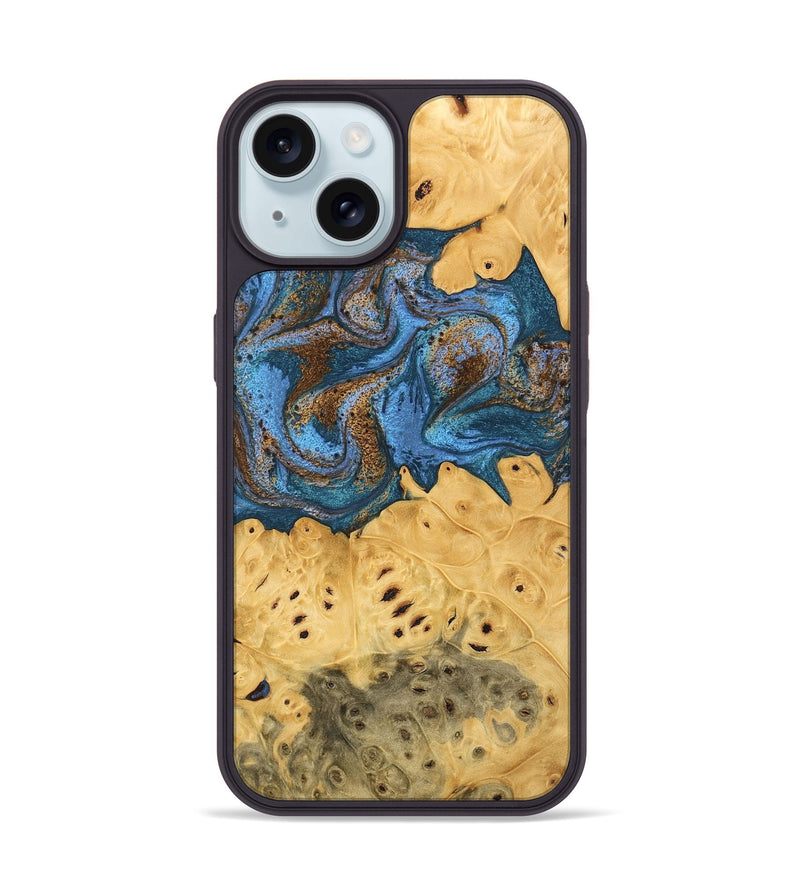 iPhone 15 Wood Phone Case - Kyree (Teal & Gold, 746470)