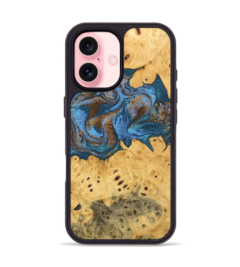 iPhone 16 Wood Phone Case - Kyree (Teal & Gold, 746470)