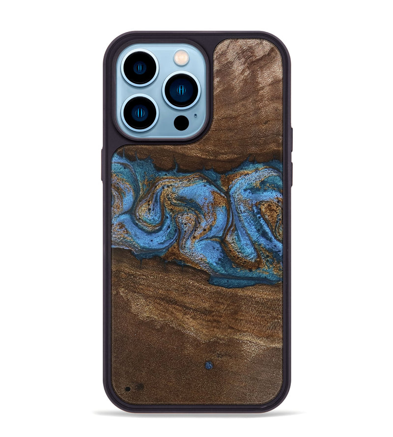 iPhone 14 Pro Max Wood Phone Case - Josue (Teal & Gold, 746485)