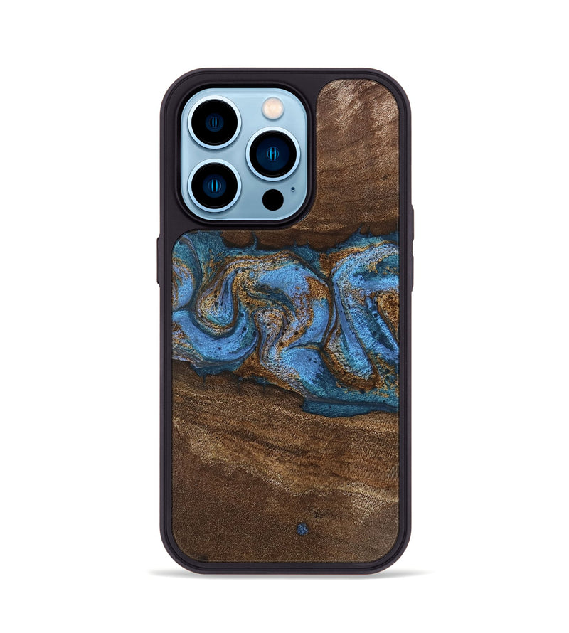 iPhone 14 Pro Wood Phone Case - Josue (Teal & Gold, 746485)