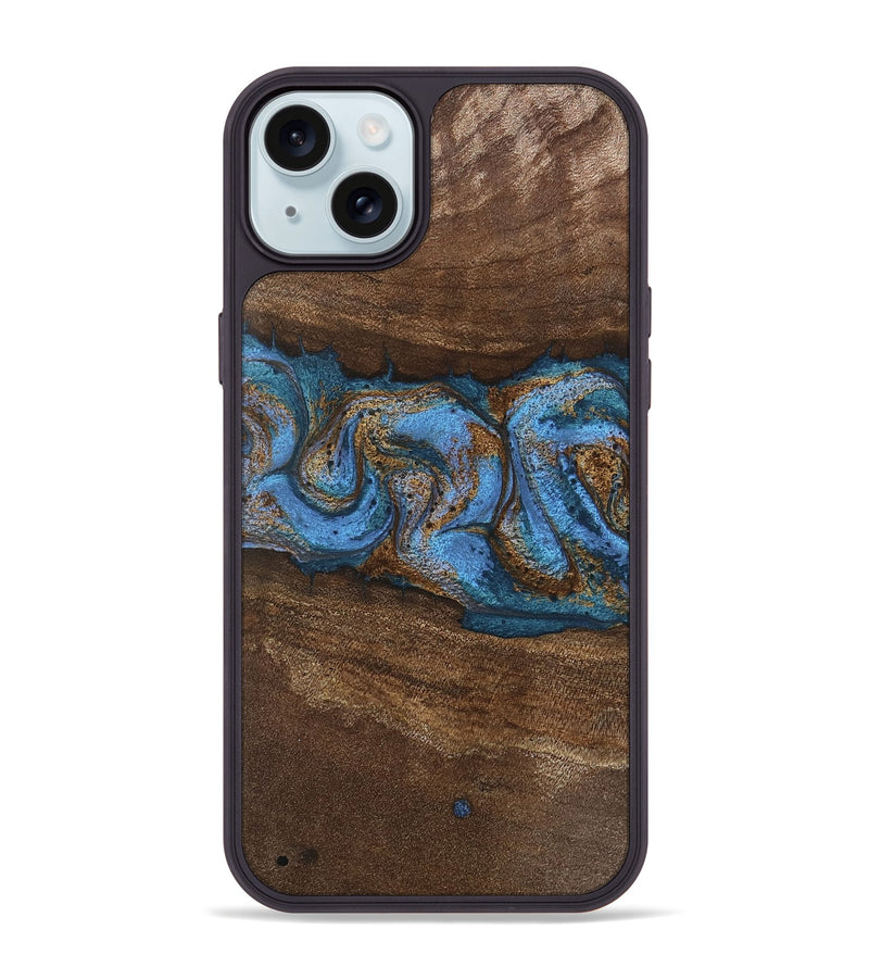 iPhone 15 Plus Wood Phone Case - Josue (Teal & Gold, 746485)