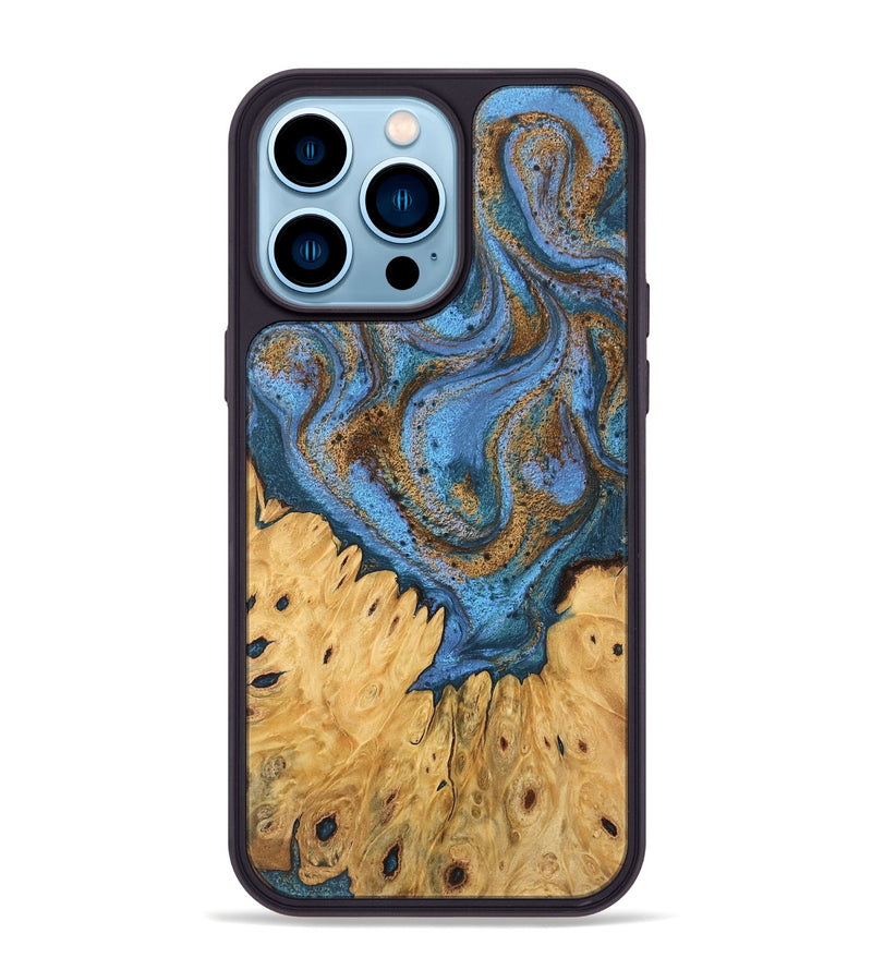 iPhone 14 Pro Max Wood Phone Case - Jasiah (Teal & Gold, 746490)