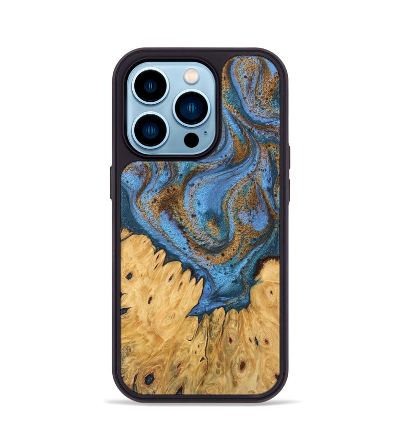 iPhone 14 Pro Wood Phone Case - Jasiah (Teal & Gold, 746490)