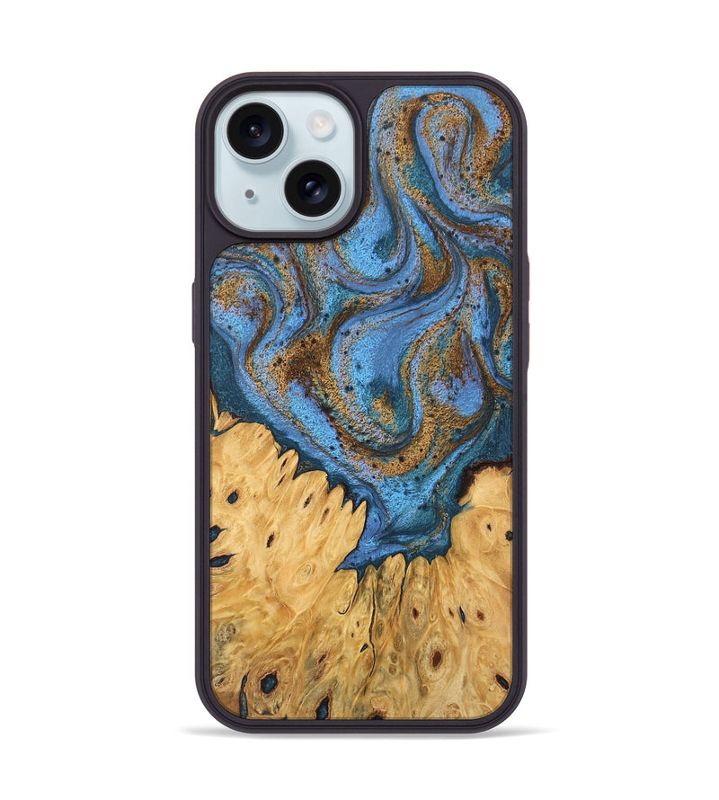 iPhone 15 Wood Phone Case - Jasiah (Teal & Gold, 746490)