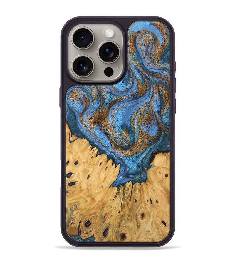 iPhone 16 Pro Max Wood Phone Case - Jasiah (Teal & Gold, 746490)