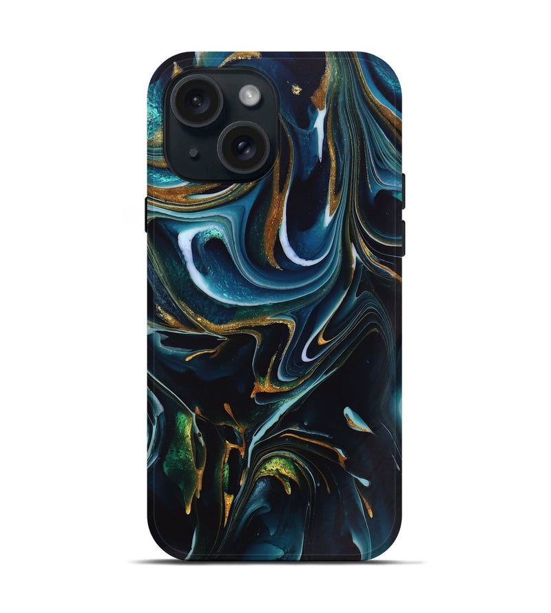 iPhone 15 ResinArt Live Edge Phone Case - Toby (Teal & Gold, 746534)