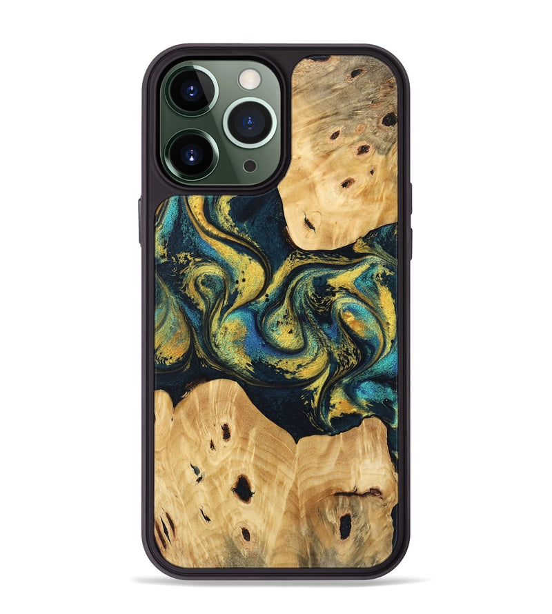 iPhone 13 Pro Max Wood Phone Case - Jorden (Teal & Gold, 746546)