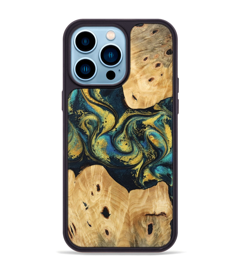 iPhone 14 Pro Max Wood Phone Case - Jorden (Teal & Gold, 746546)