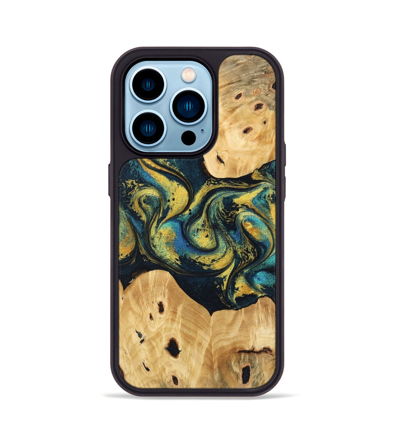 iPhone 14 Pro Wood Phone Case - Jorden (Teal & Gold, 746546)