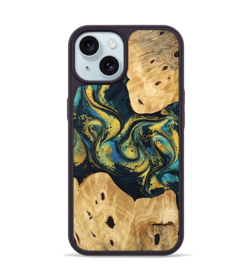 iPhone 15 Wood Phone Case - Jorden (Teal & Gold, 746546)