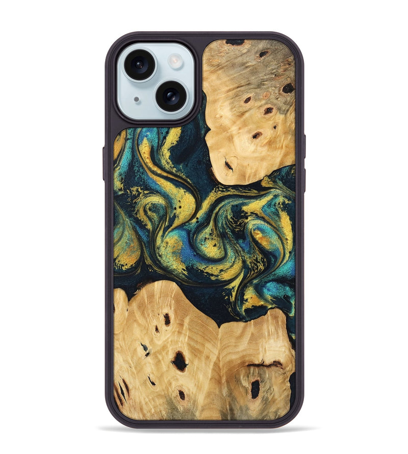 iPhone 15 Plus Wood Phone Case - Jorden (Teal & Gold, 746546)