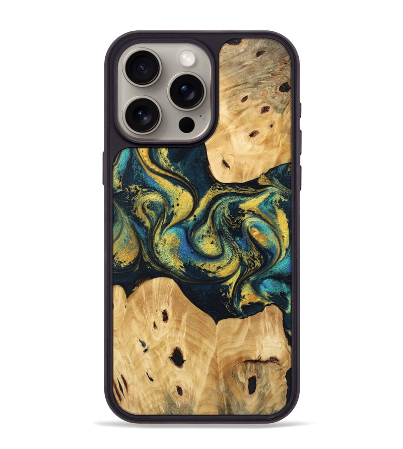 iPhone 15 Pro Max Wood Phone Case - Jorden (Teal & Gold, 746546)