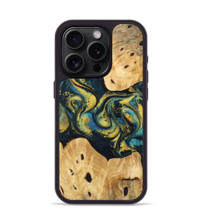 iPhone 15 Pro Wood Phone Case - Jorden (Teal & Gold, 746546)