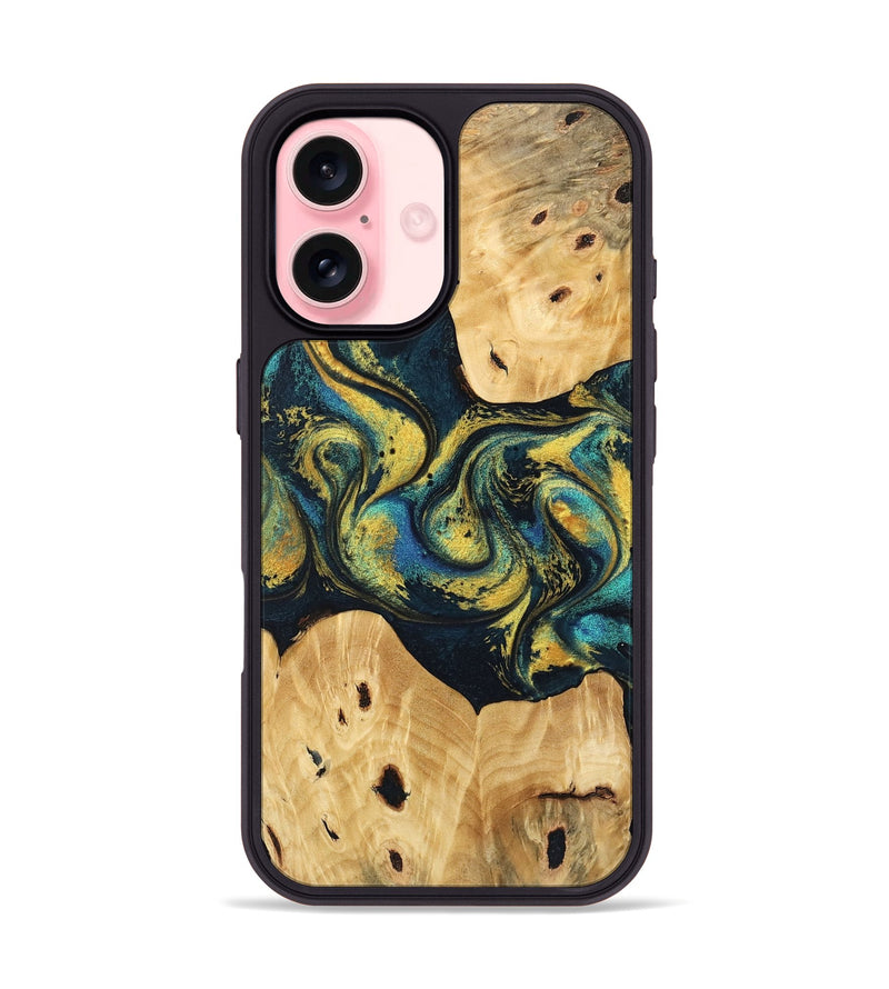 iPhone 16 Wood Phone Case - Jorden (Teal & Gold, 746546)