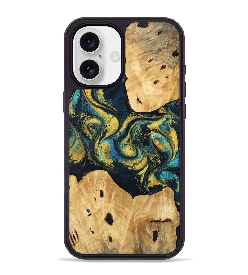 iPhone 16 Plus Wood Phone Case - Jorden (Teal & Gold, 746546)