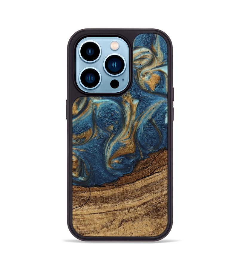 iPhone 14 Pro Wood Phone Case - Lilia (Teal & Gold, 746596)